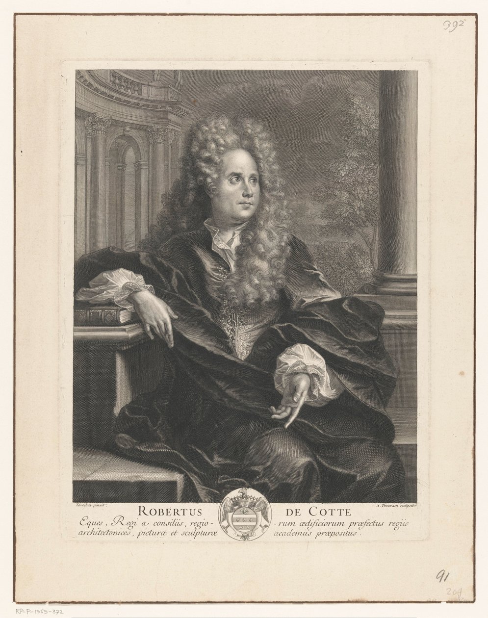 Ritratto di Robert de Cotte, appoggiato su un libro in architettura classica da Antoine Trouvain
