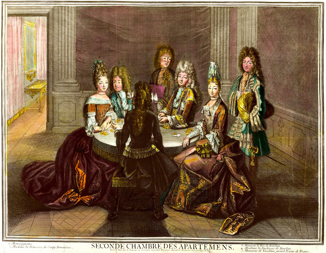 La corte che gioca a carte nella seconda camera degli appartamenti di Luigi XIV da Antoine Trouvain