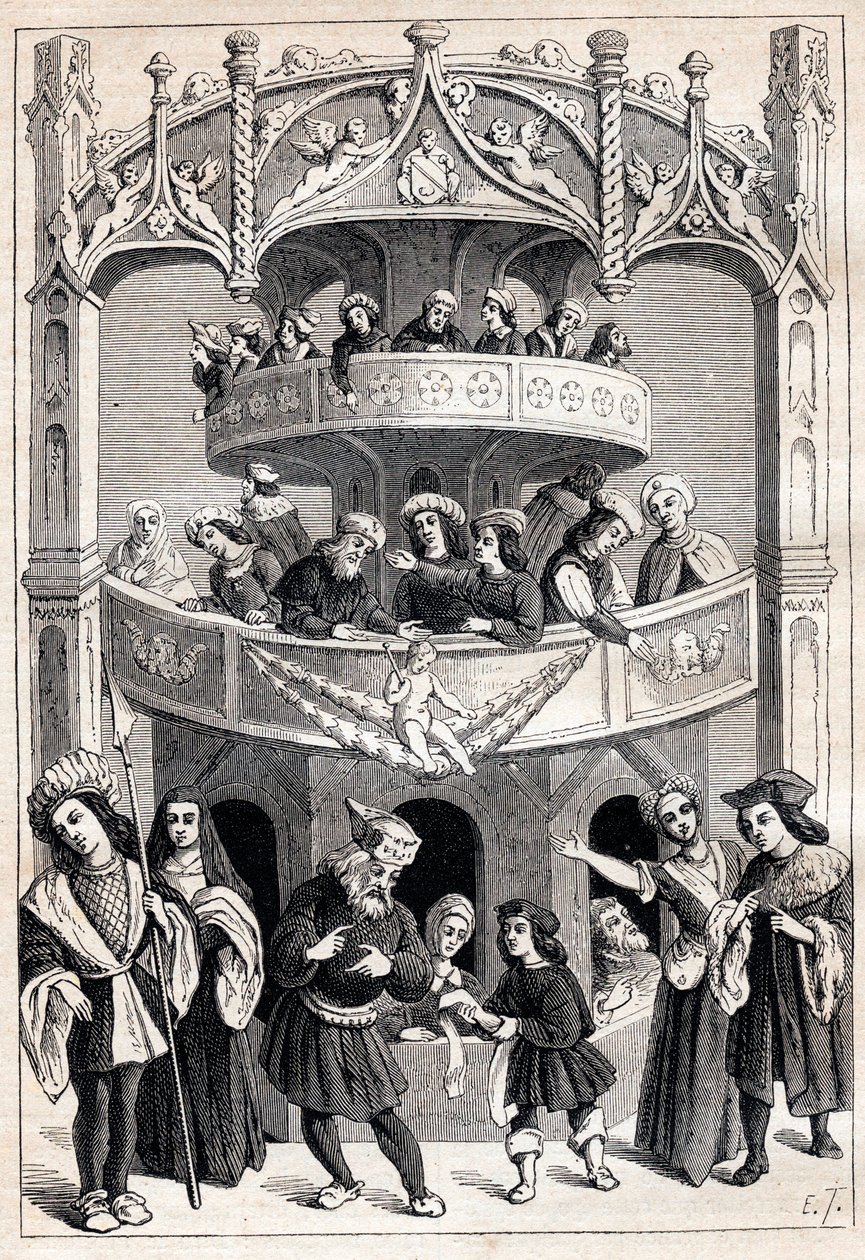 Frontespizio di “Le Grant Therence en François” di Antoine Vérard (attivo 1485-1512) - rappresentazione teatrale nel XVI secolo da Antoine Verard