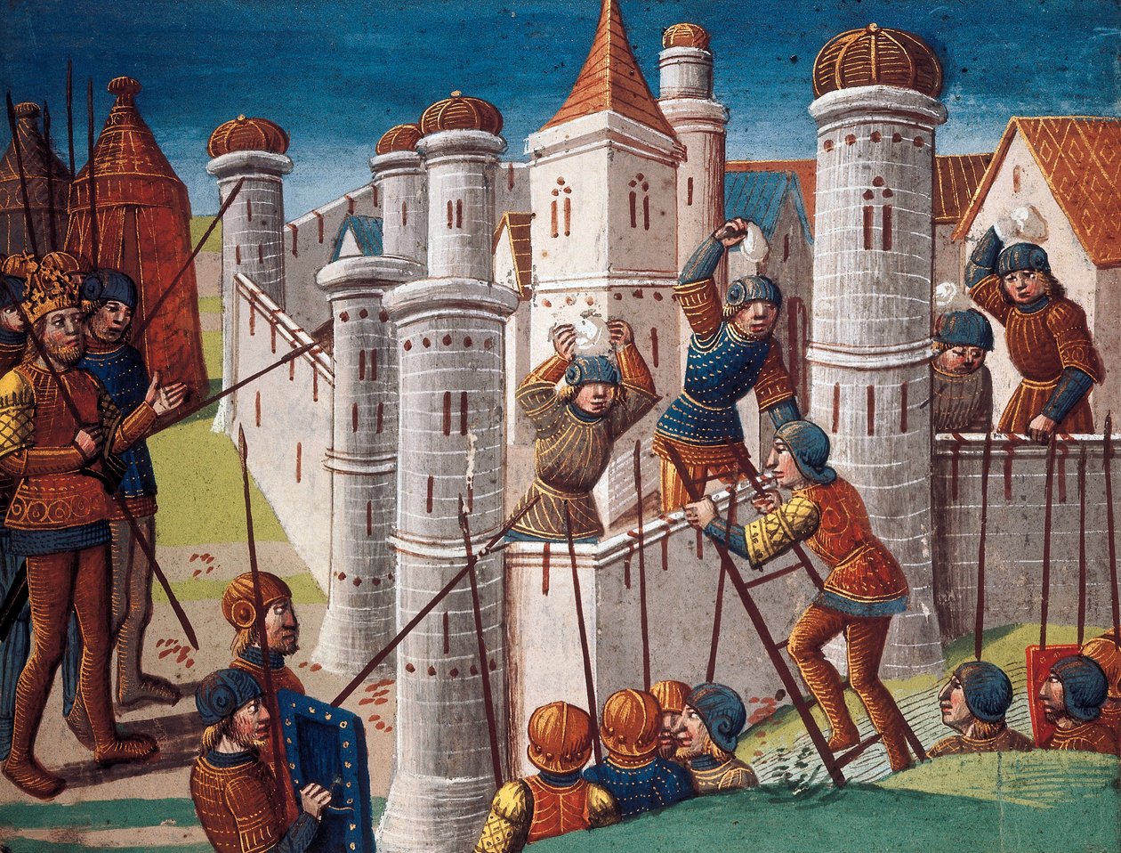 Assedio di una città, miniatura dal manoscritto "Il romanzo di Ogier il Danese" da Antoine Verard