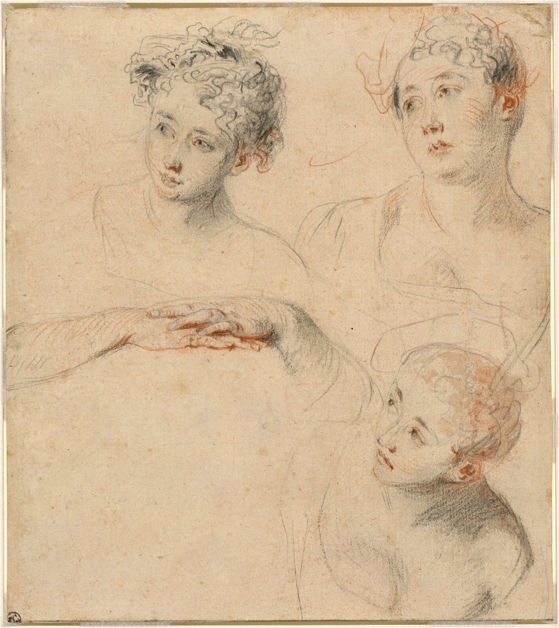 Tre studi della testa di una donna e uno studio delle mani (recto) da Antoine Watteau