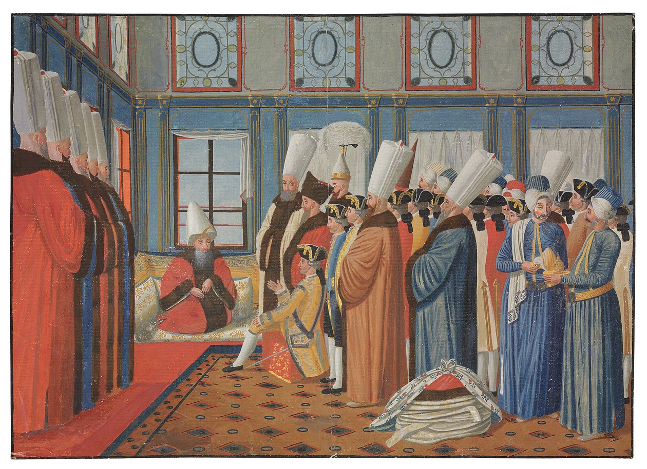 La presentazione del Conte de Vergennes, ambasciatore di Luigi XV, a Reis Effendi, Gran Visir del Sultano Ottomano Uthman III il 31 maggio 1755 da Antoine de Favray