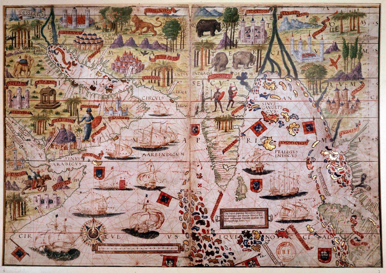 Atlante nautico delle Indie portoghesi. Pagina del manoscritto Atlas Miller realizzato nel 1519 da Pierre e Georges Reinel, Lopo Homem (cartografi) e Antoine de Hollande (miniaturista). XVI secolo. Parigi, B N da Antoine de Hollande