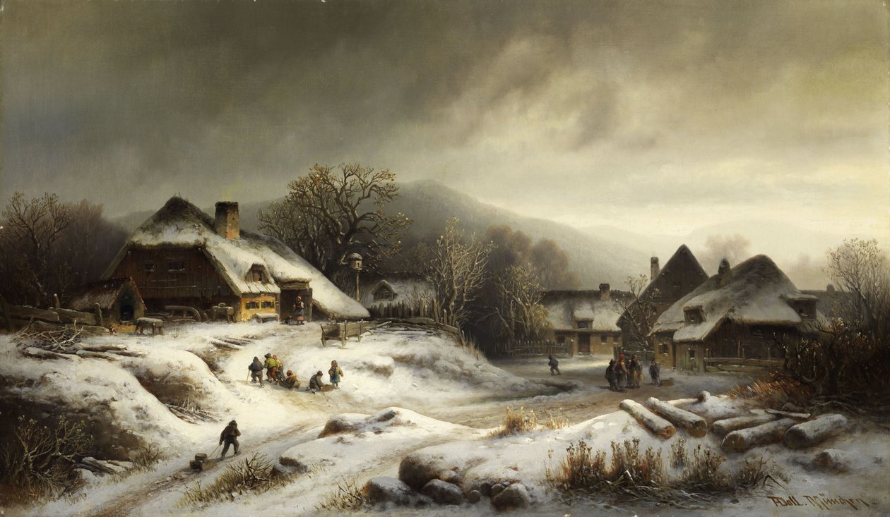 Paesaggio di villaggio innevato al tramonto da Anton Doll