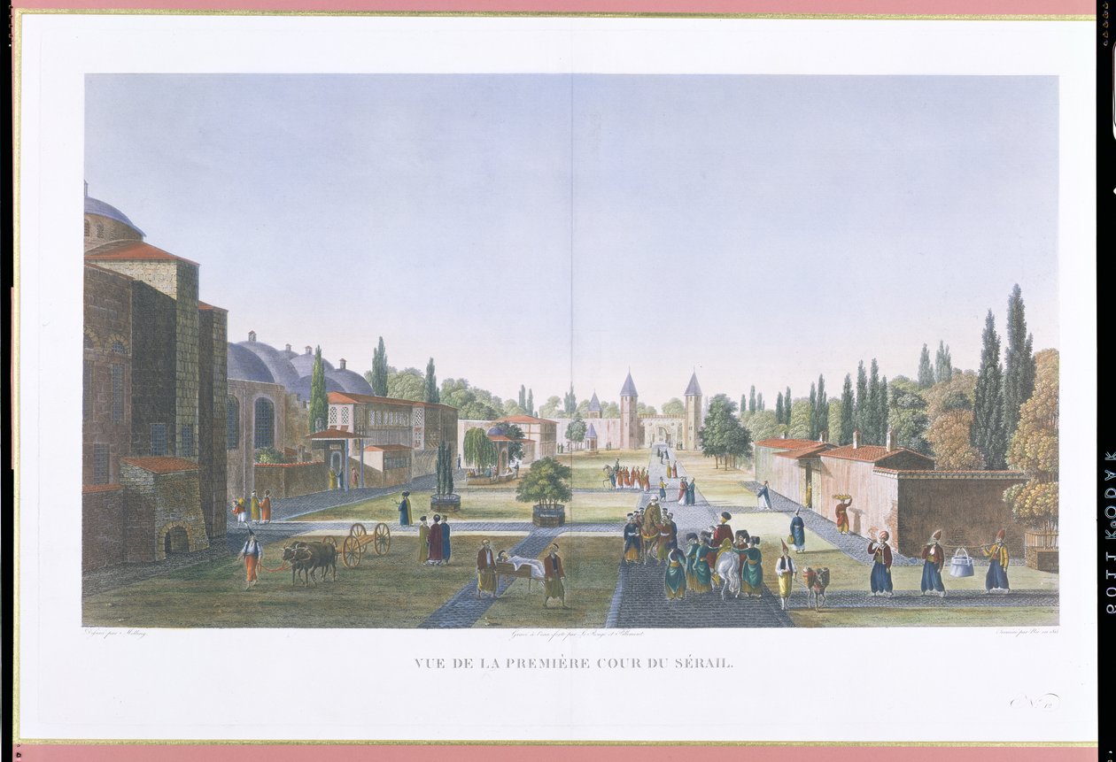 Veduta del Cortile Esterno del Serraglio, Palazzo Topkapi, Costantinopoli, inciso da Jean Nicolas Le Rouge e Jean Baptiste Pillement, 1815 da Anton Ignaz Melling
