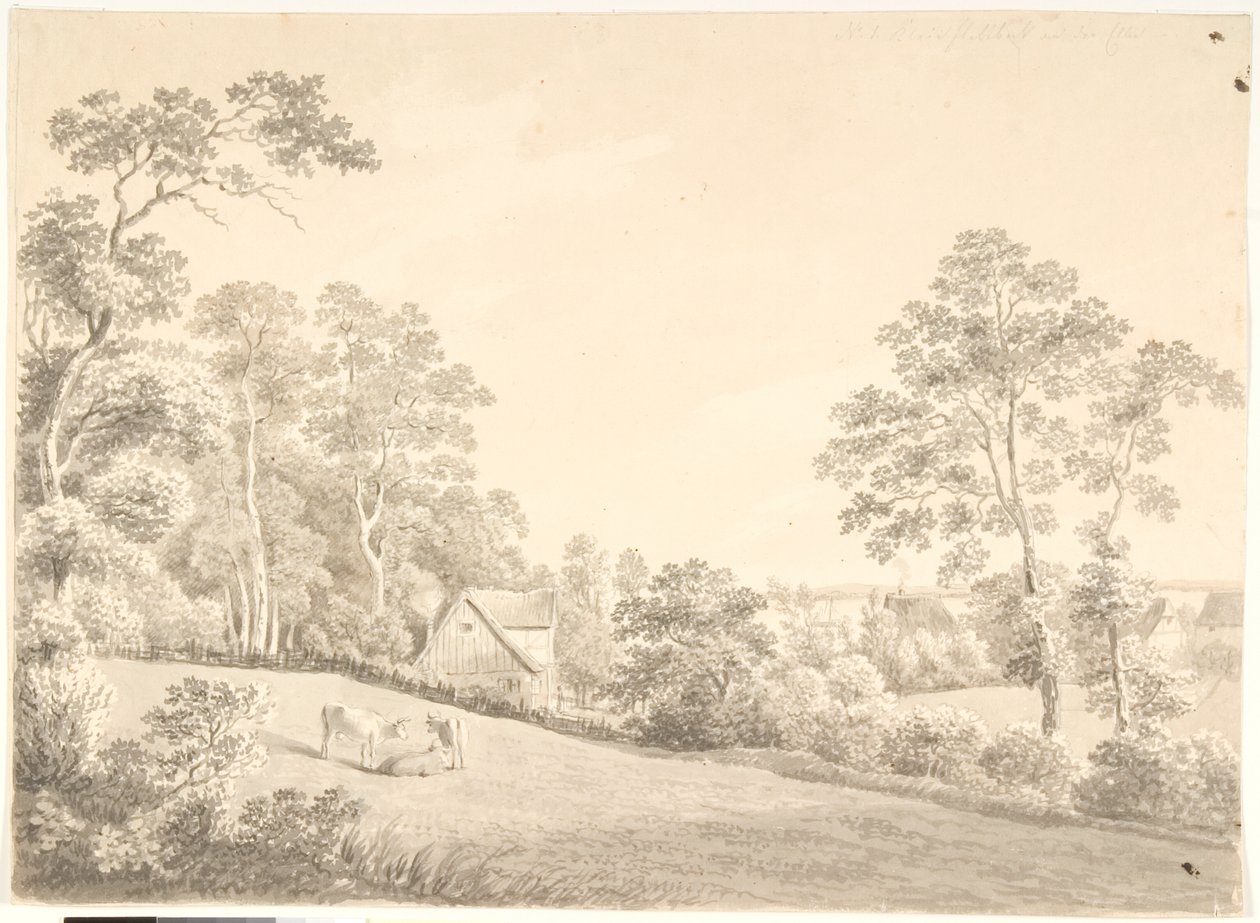 Paesaggio con casa e mucche sull