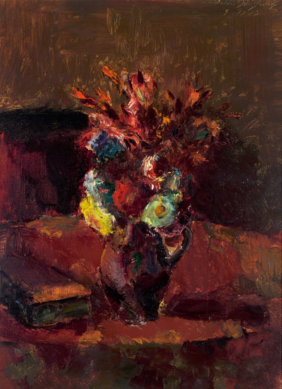 Bouquet di fiori con tovaglia rossa da Anton Faistauer