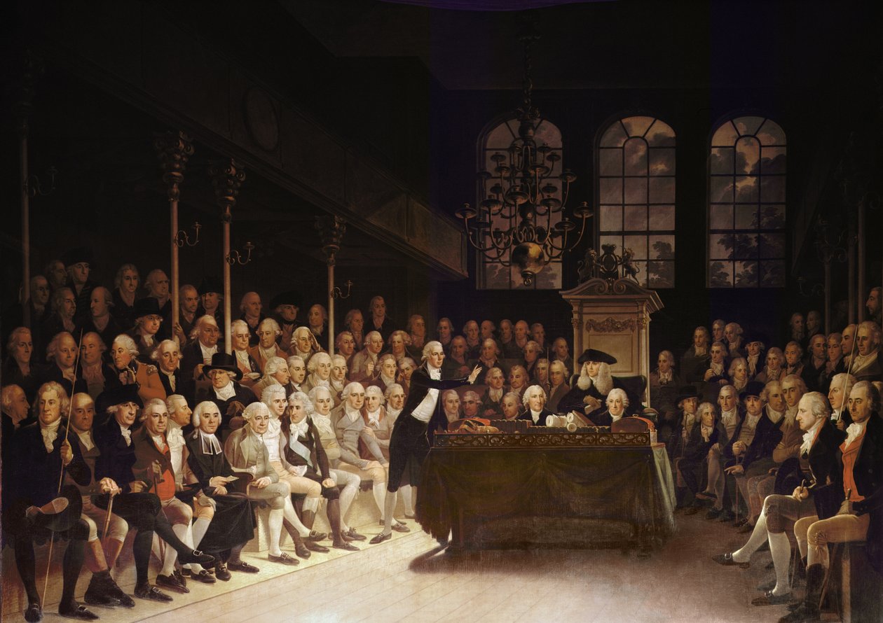 William Pitt si rivolge alla Camera dei Comuni sulla dichiarazione di guerra francese del 1793 da Anton Hickel