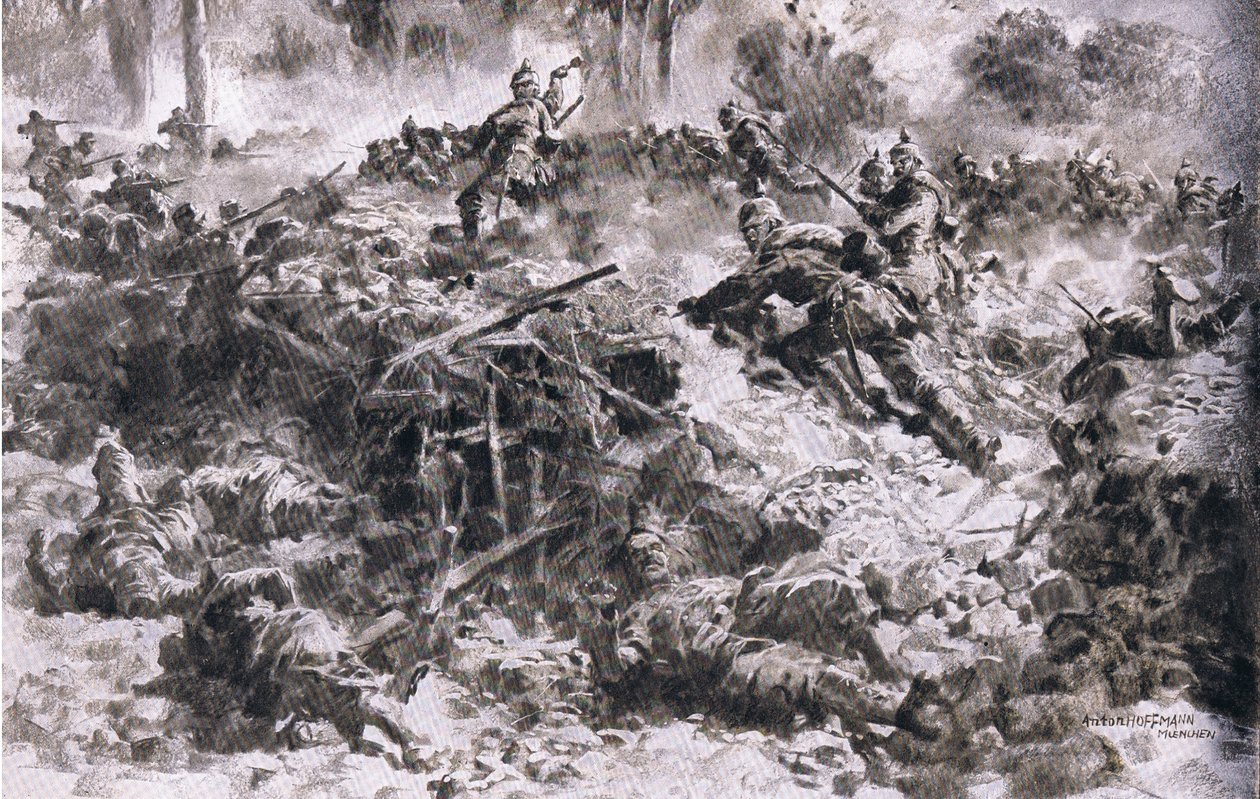 I granatieri del re del Württemberg sfondano le postazioni nemiche nelle Argonne, da La storia illustrata della guerra mondiale 1914-1915 pub. da Union Berlagsefellfchaft da Anton Hoffman