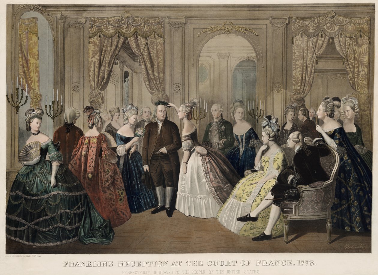 La ricezione di Franklin alla Corte di Francia, 1778, rispettosamente dedicata al popolo degli Stati Uniti, pub. 1865 da Anton Hohenstein