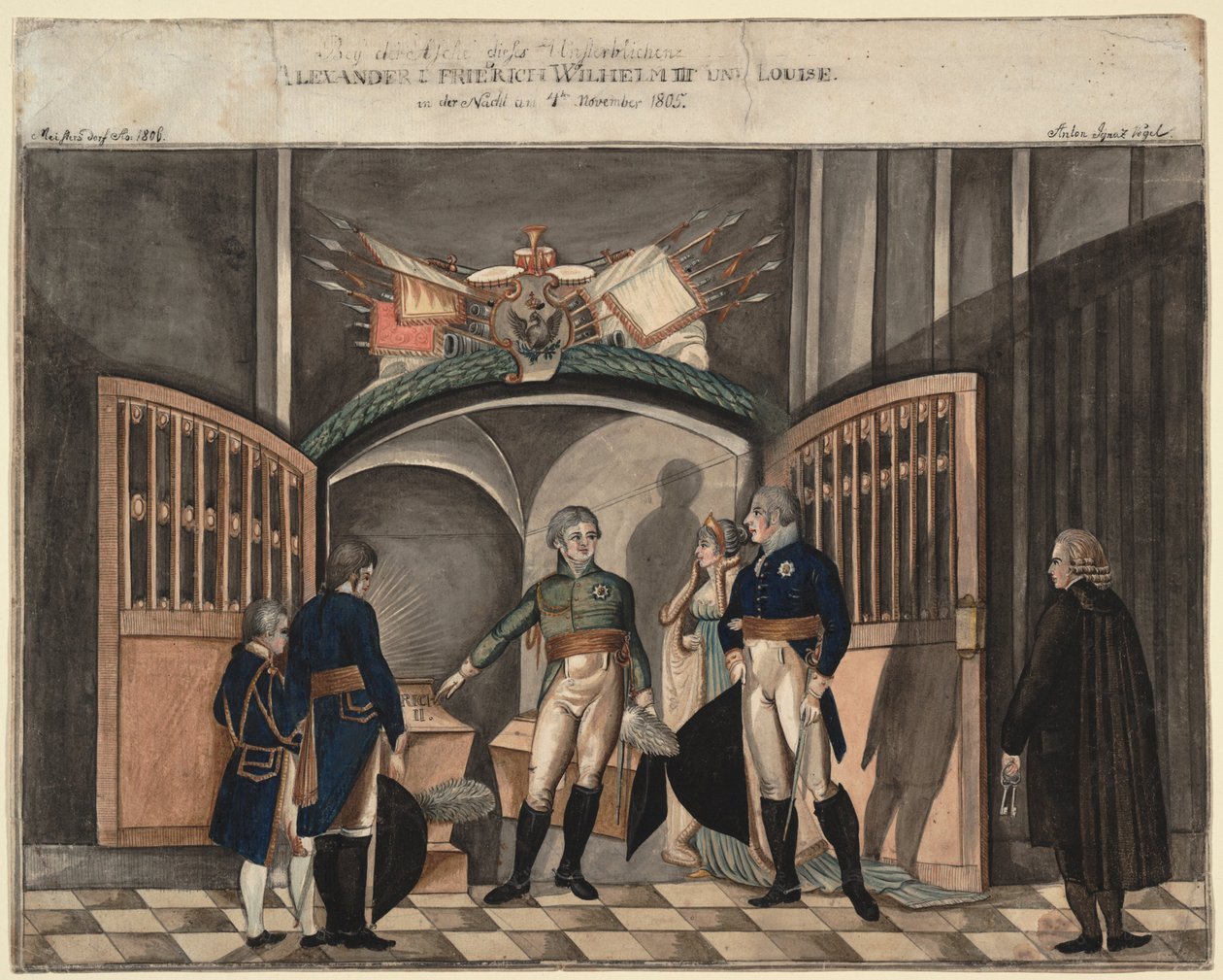 Vicino alle ceneri di Federico il Grande. Zar Alessandro I, Re Federico Guglielmo III e Luisa di Prussia da Anton Ignaz Vogel