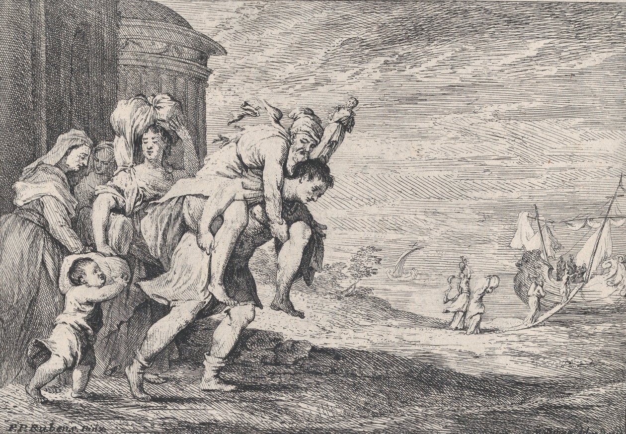 Enea fugge da Troia, con un gruppo di sei figure che lasciano la città a sinistra, Enea che porta da Anton Joseph von Prenner