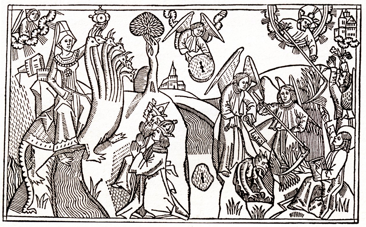 La grande prostituta di Babilonia cavalca la bestia a sette teste e gli angeli mietono il grano mentre tengono prigioniero il diavolo da Anton Koberger