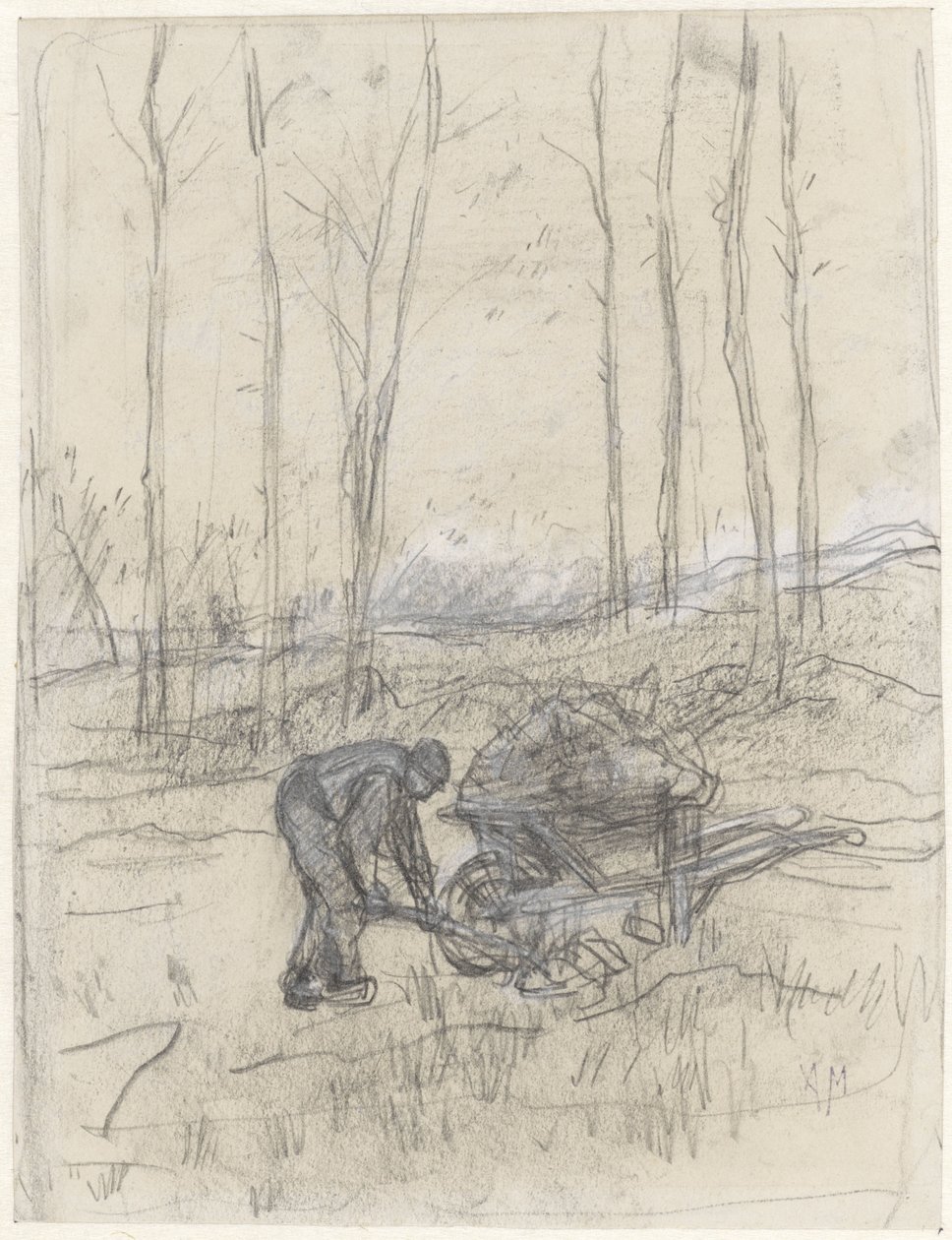 Contadino al lavoro con una carriola nel bosco da Anton Mauve
