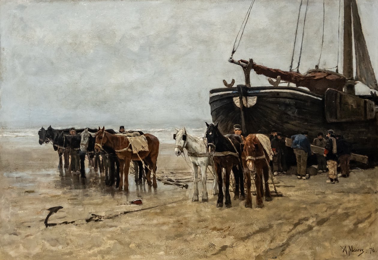 Olandese: Bomschuit con cavalli da traino sulla spiaggia di Scheveningen Barca da pesca con cavalli da traino sulla spiaggia di Scheveningen da Anton Mauve