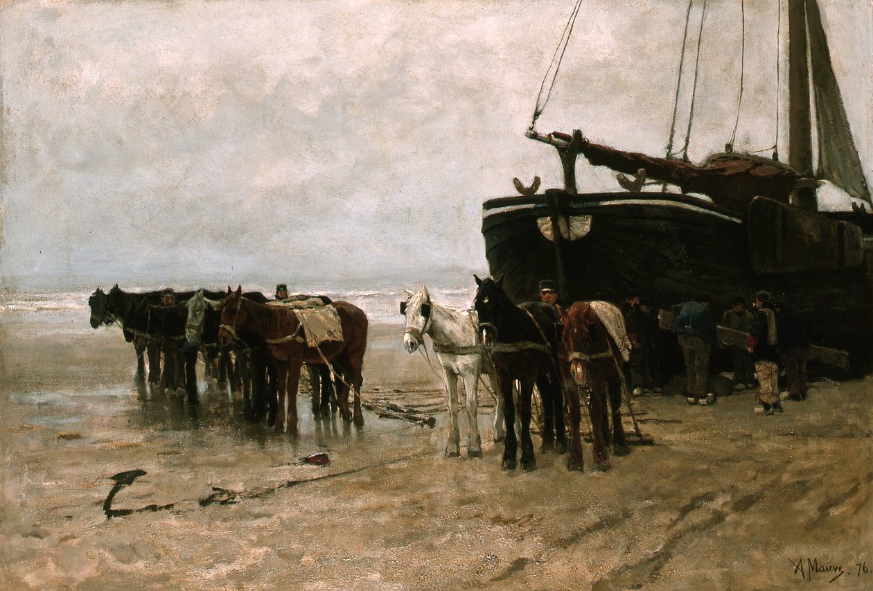 Olandese: Bomschuit con cavalli da traino sulla spiaggia di Scheveningen Barca da pesca con cavalli da traino sulla spiaggia di Scheveningen da Anton Mauve