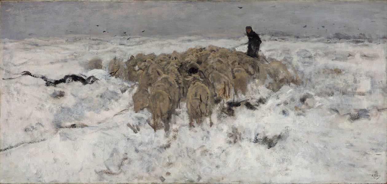 Gregge di pecore con pastore nella neve da Anton Mauve