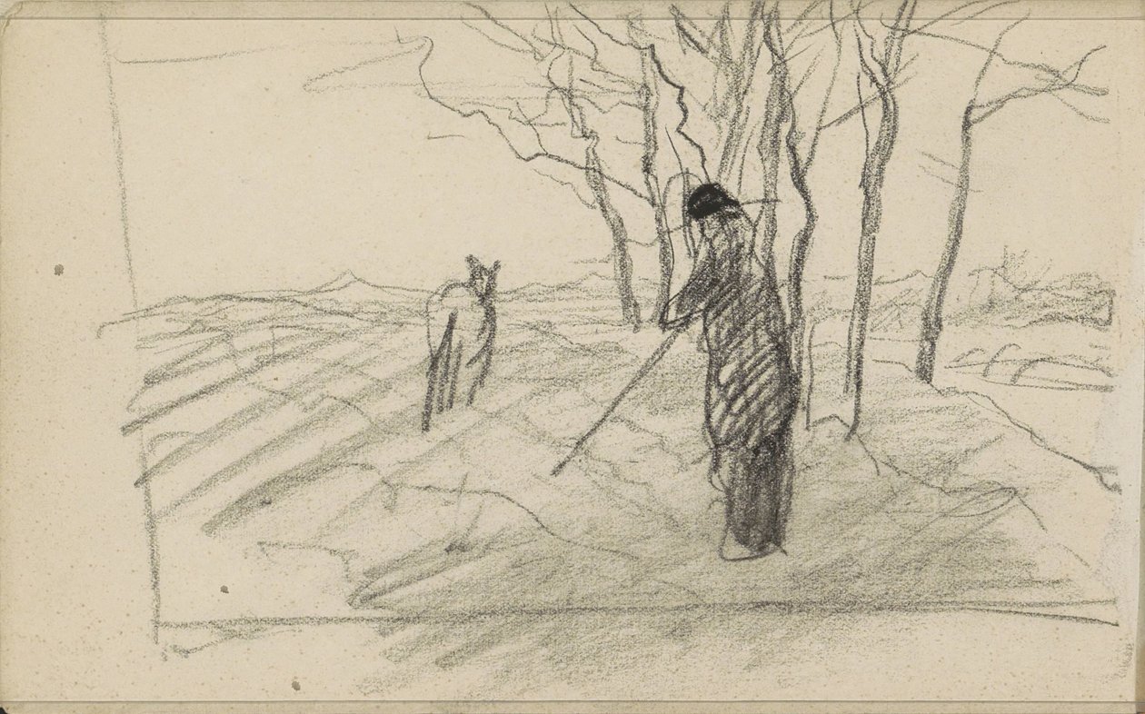 Uomo in piedi con un bastone e un animale in un campo arato da Anton Mauve