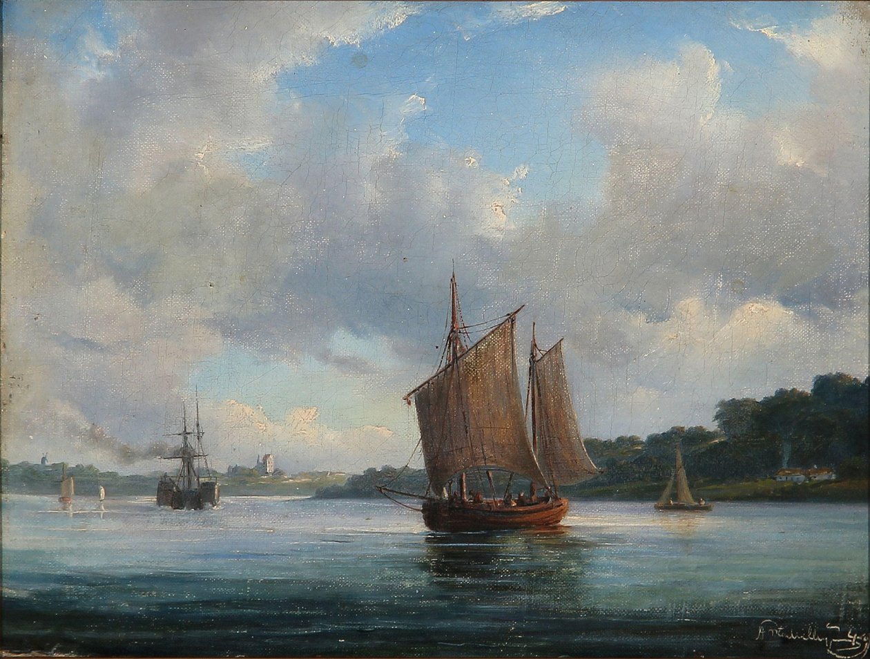 Scena del fiordo con barche da pesca e un piroscafo a pale da Anton Melbye