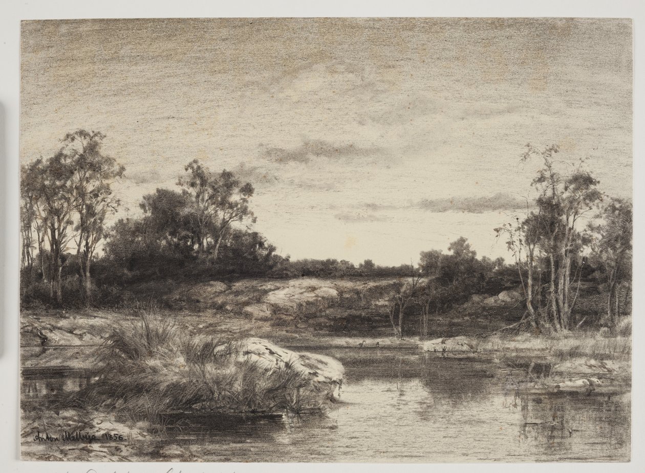 Paesaggio con un fiume o un lago in primo piano da Anton Melbye