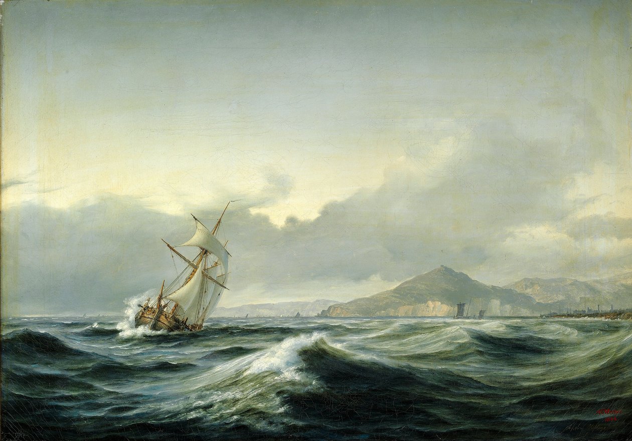 Paesaggio marino con veliero in un mare agitato. Sullo sfondo una costa rocciosa da Anton Melbye