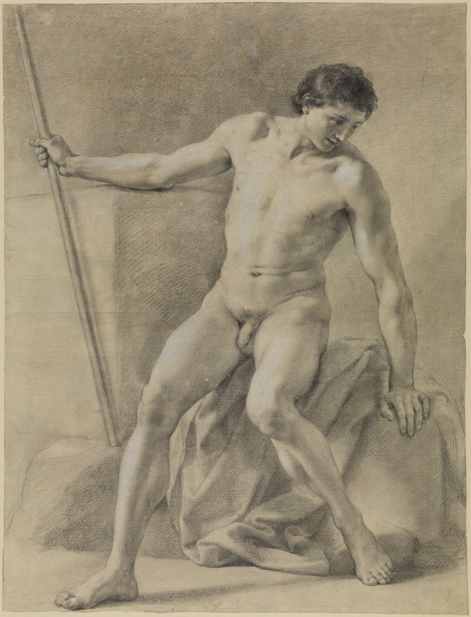 Nudo maschile seduto, quasi frontale, bastone nella mano destra, con lo sguardo rivolto in basso da Anton Raphael Mengs