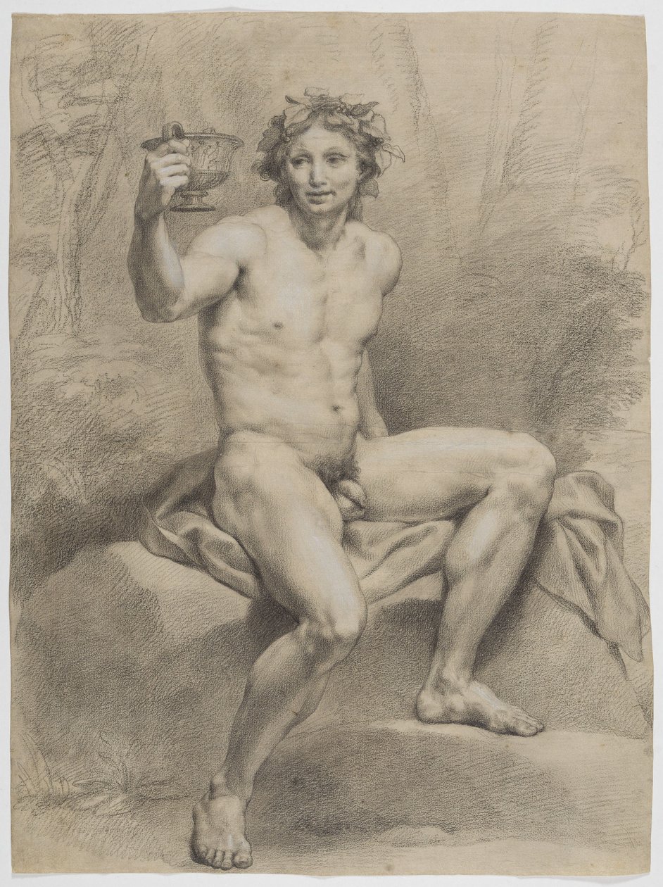 Nudo maschile seduto, di profilo verso destra, con una corona di foglie di vite e una coppa nella mano destra da Anton Raphael Mengs