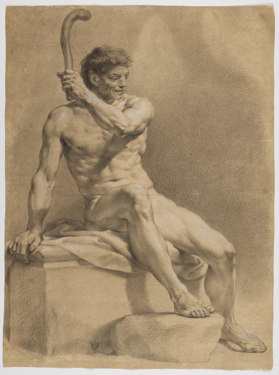 Nudo maschile seduto, rivolto obliquamente a destra, con una piccola clava sollevata nella mano sinistra da Anton Raphael Mengs