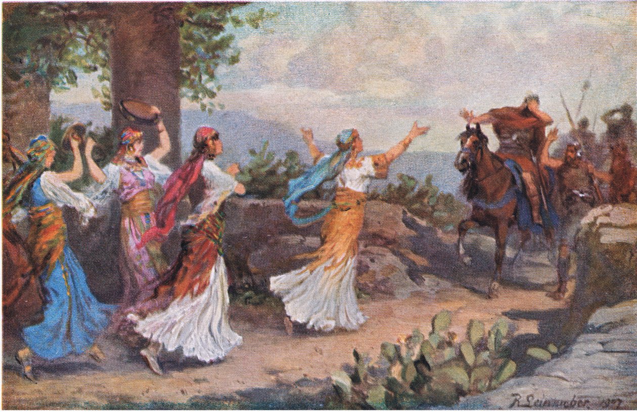 La figlia di Iefte esce per incontrare suo padre, dalla Storia della Bibbia di Hulbert pubblicata dalla The John Winston Company, 1932 da Anton Robert Leinweber