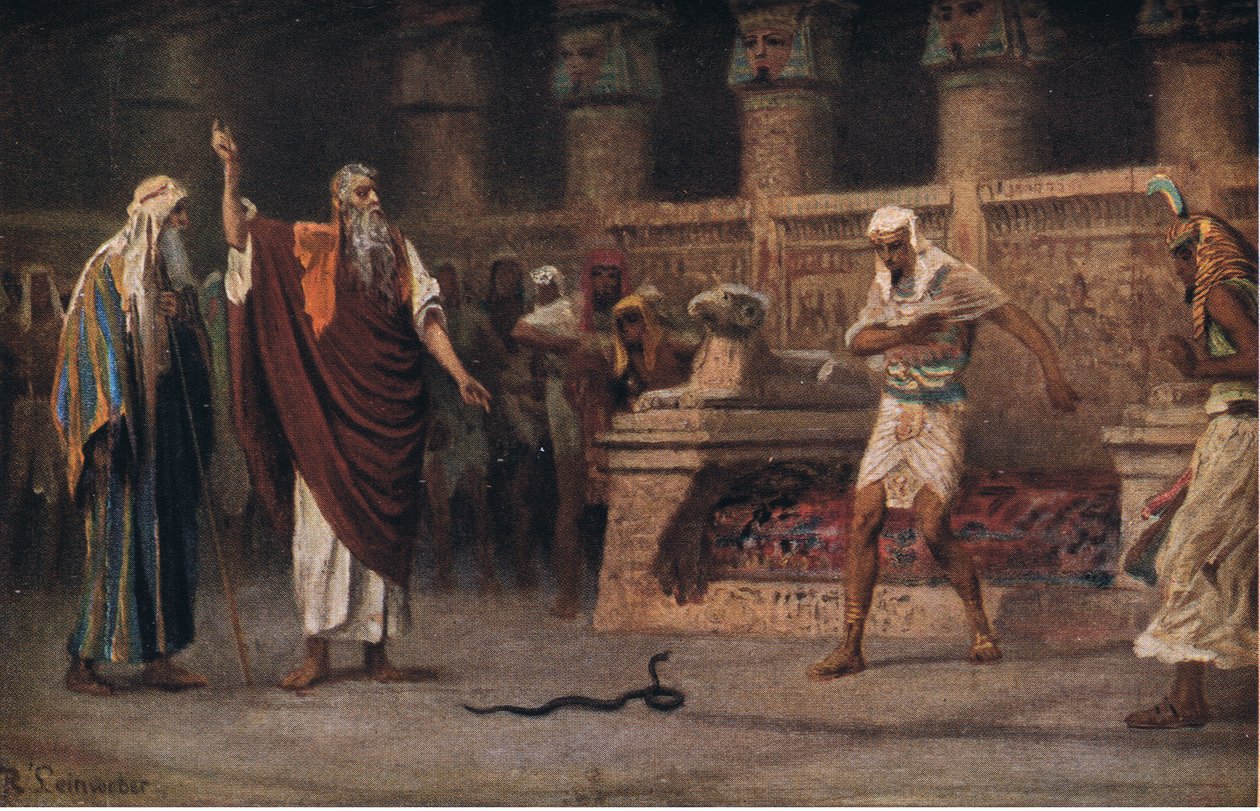 Mosè e Aronne davanti al Faraone, da Hulberts Story of the Bible pubblicato da The John Winston Company, 1932 da Anton Robert Leinweber