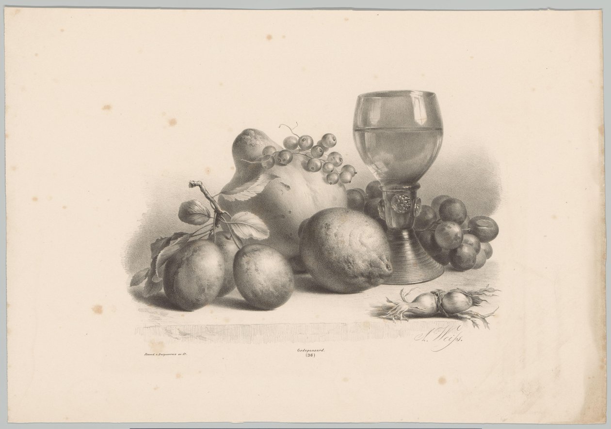 Natura morta con bicchiere, prugne, limone, uva e nocciole da Anton Weiss