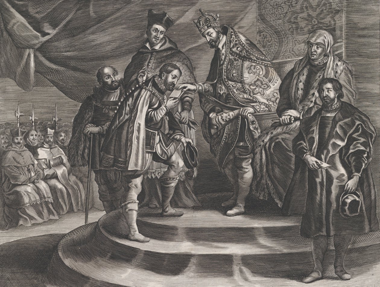 Tavola 25: Filippo incoronato re di Spagna da suo padre, Carlo V, da Guillielmus Becanus