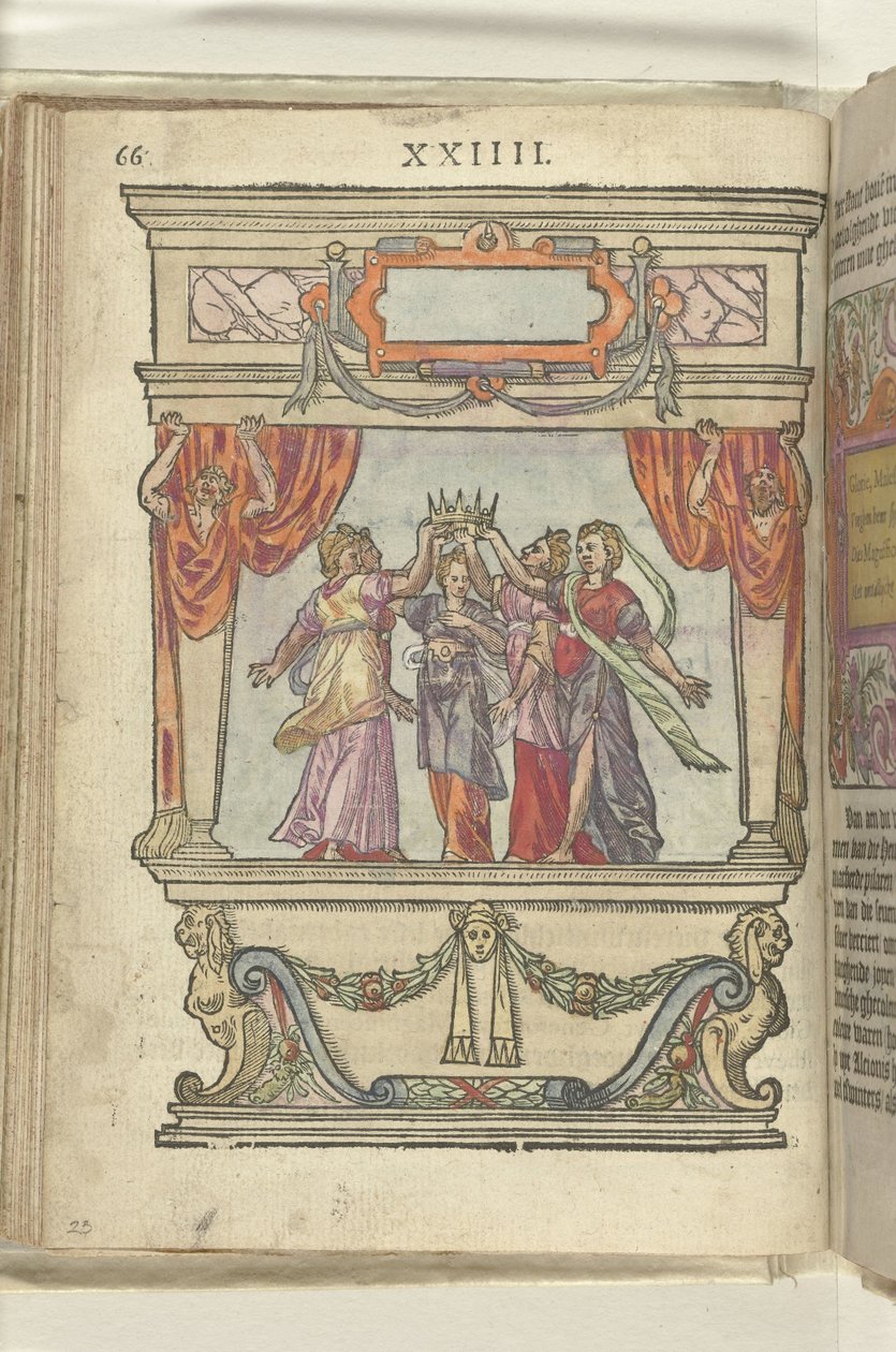 Scena con personificazioni di Gloria, Maestà, Generosità, Magnificenza e Modestia che tengono alta una corona, 1578 da Antoni van Leest