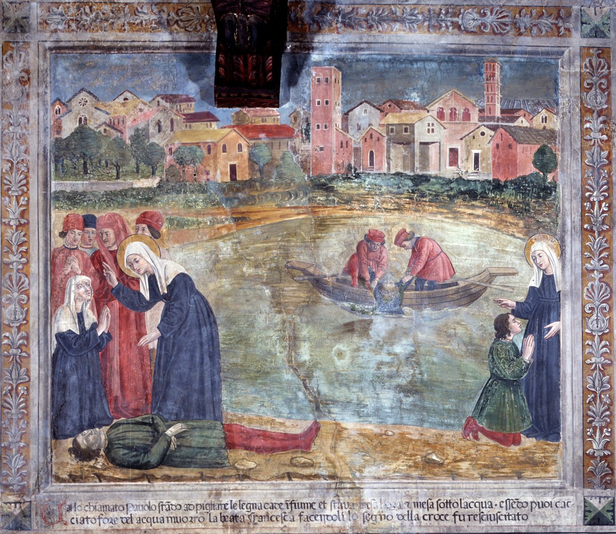 Vita di Santa Francesca Romana: Un uomo è risorto dalla santa dopo essere annegato nel Tevere (affresco) da Antoniazzo Romano