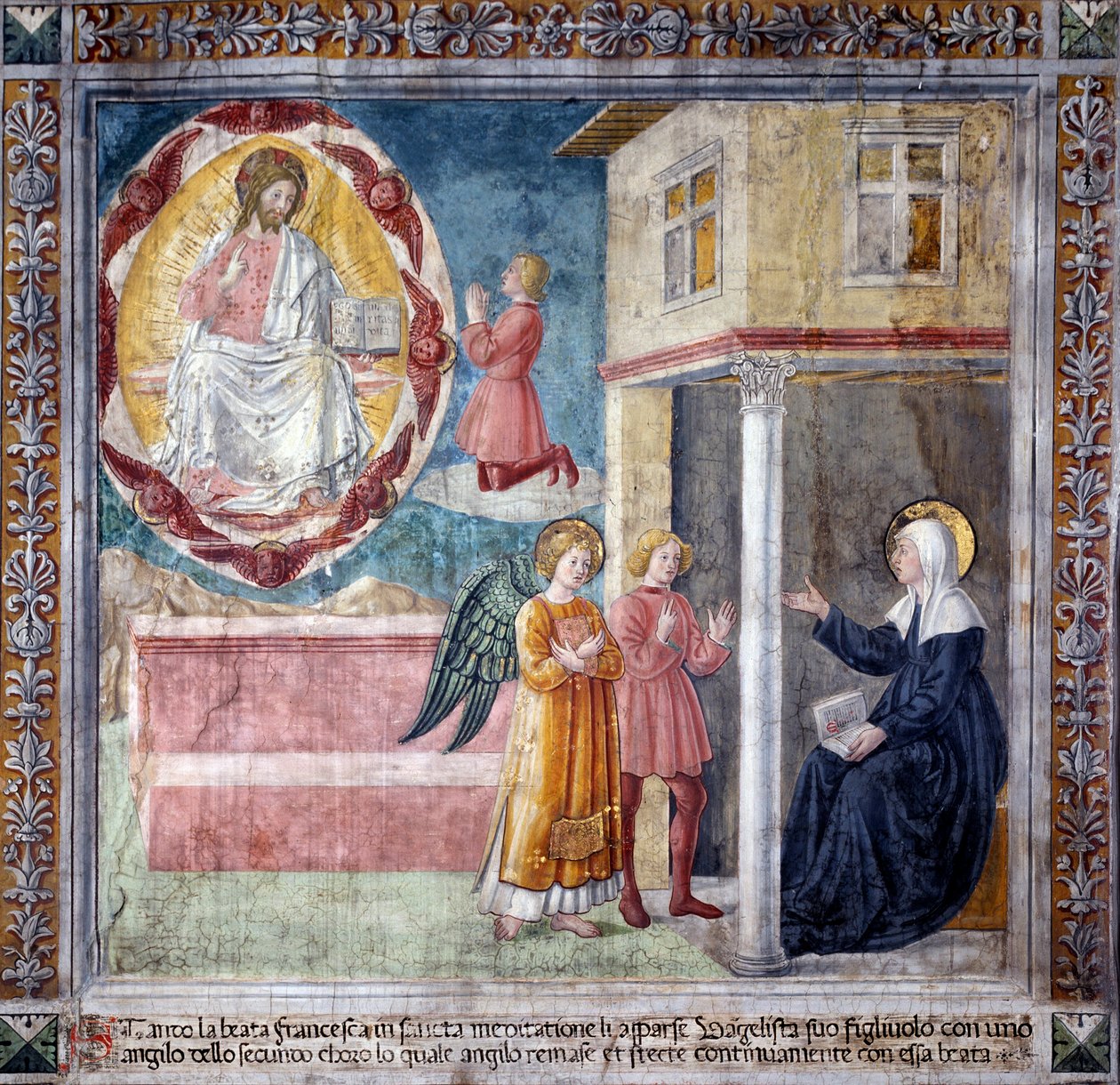 La vita di Santa Francesca Romana: Il figlio della santa, ucciso dalla peste bubbonica, le appare con un angelo da Antoniazzo Romano