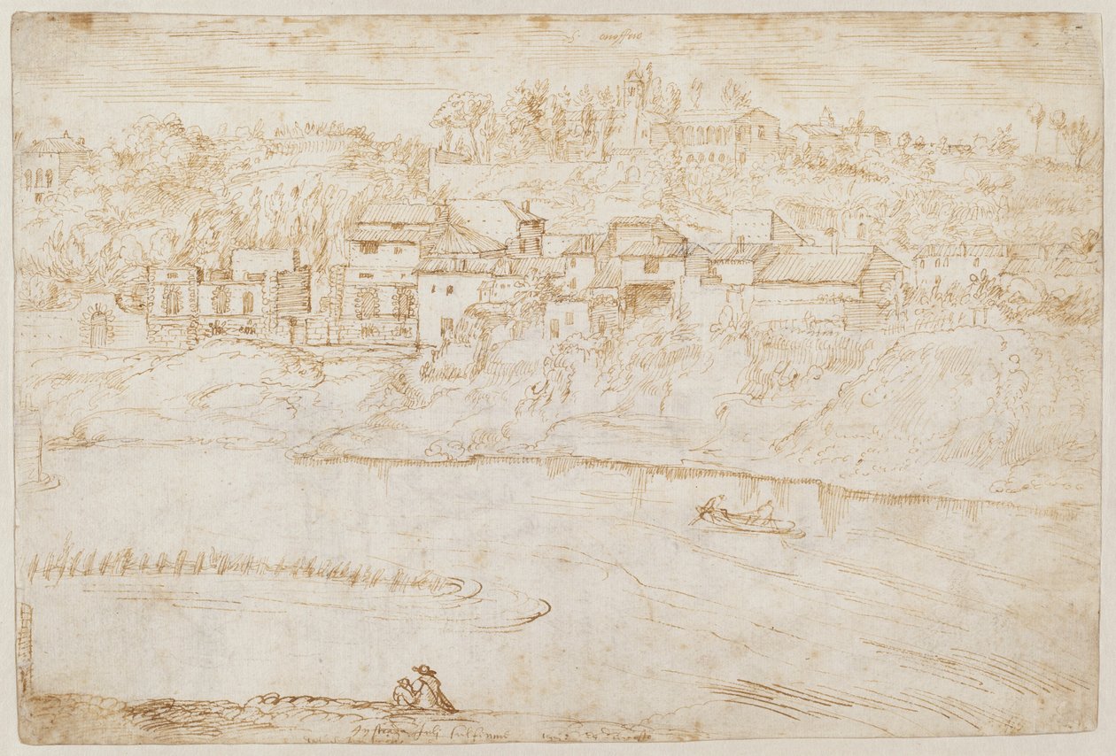 Vista del colle Gianicolo visto dal Tevere (recto) da Antonie van den Wyngaerde