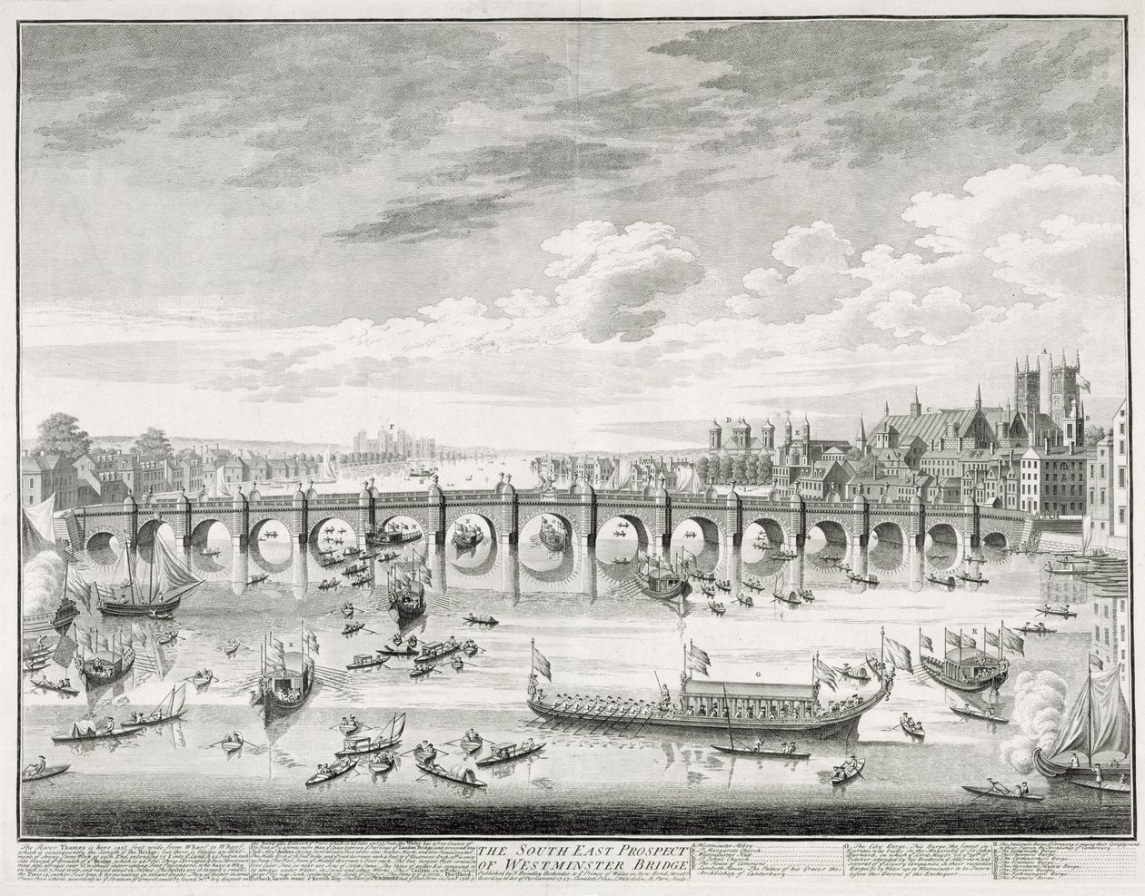 Il prospetto sud-est del ponte di Westminster - Barche che arrivano al Parlamento per il giuramento di Sir John Barnard come sindaco della città di Londra, 1747 da Giovanni Antonio Canal
