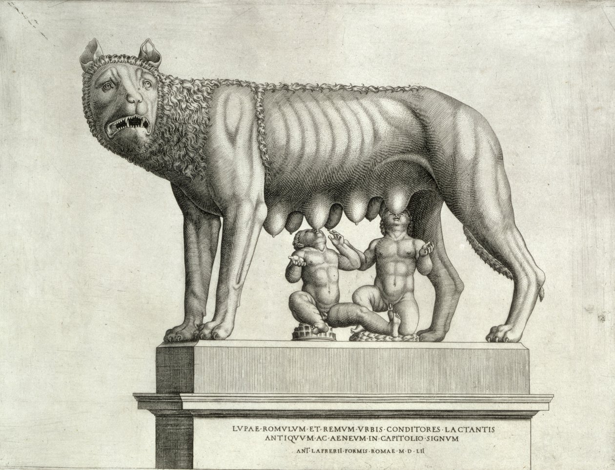 Disegno del bronzo etrusco della lupa che allatta Romolo e Remo, V secolo a.C., nel Museo Capitolino, 1552 da Antonio Lafreri