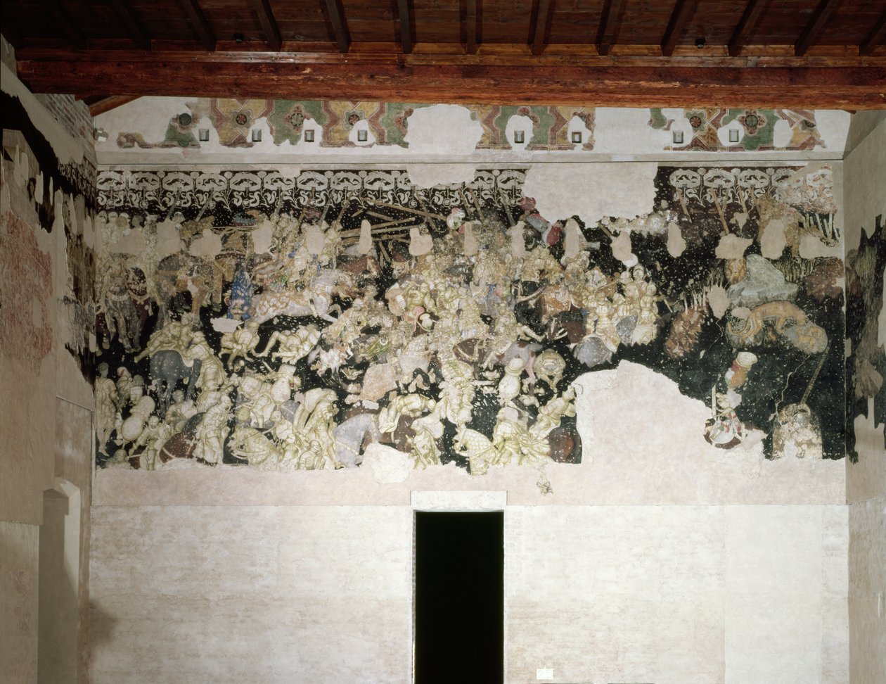 Torneo di battaglia, con il collare SS dei Lancaster con fiori di calendula, emblema della Famiglia Gonzaga, nel fregio sopra, frammento di pittura murale dalla Sala del Pisanello da Antonio Pisanello