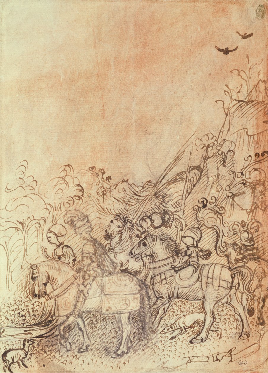 Giovanni di Gonzaga e i suoi cortigiani in un paesaggio montuoso, dall