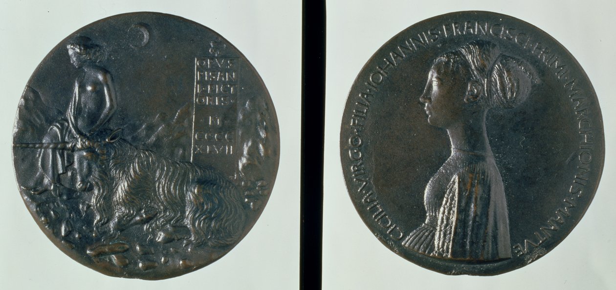 Medaglia ritratto, recto raffigurante Cecilia Gonzaga, verso raffigurante una figura femminile e un unicorno, 1447 da Antonio Pisanello