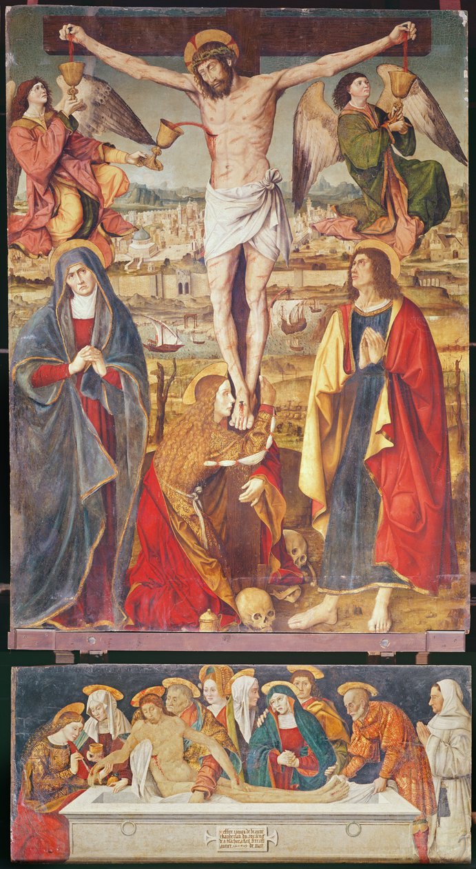 Crocifissione e sepoltura, pannello centrale del Retablo della Passione, 1517-20 da Antonio Ronzen