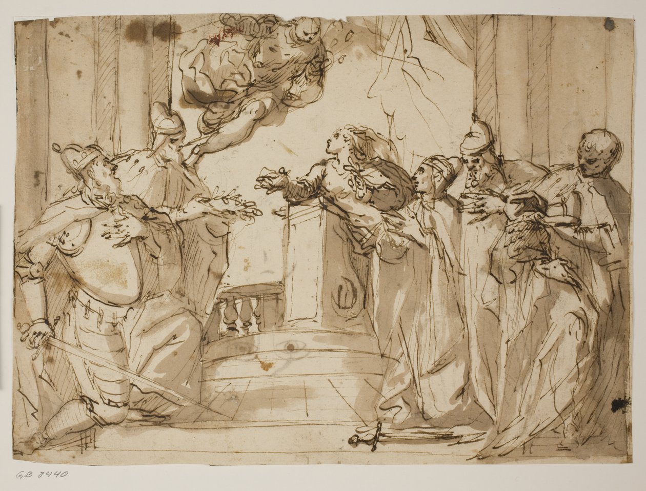 Quattro dogi e un uomo con un mantello con il cappello del doge in mano, con l