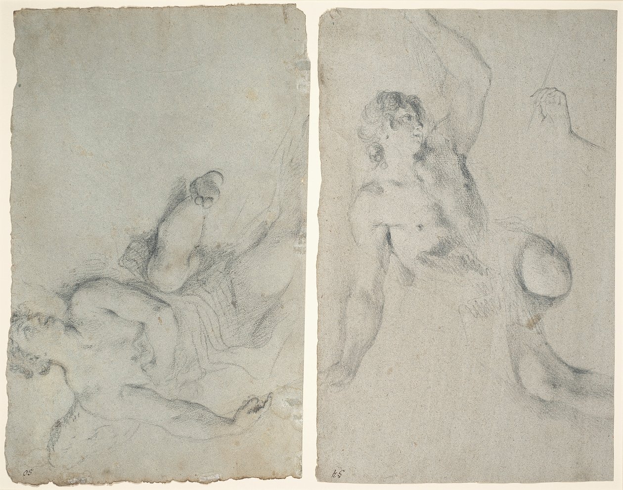Un angelo in volo e un angelo che si china con il braccio alzato da Antonio Balestra