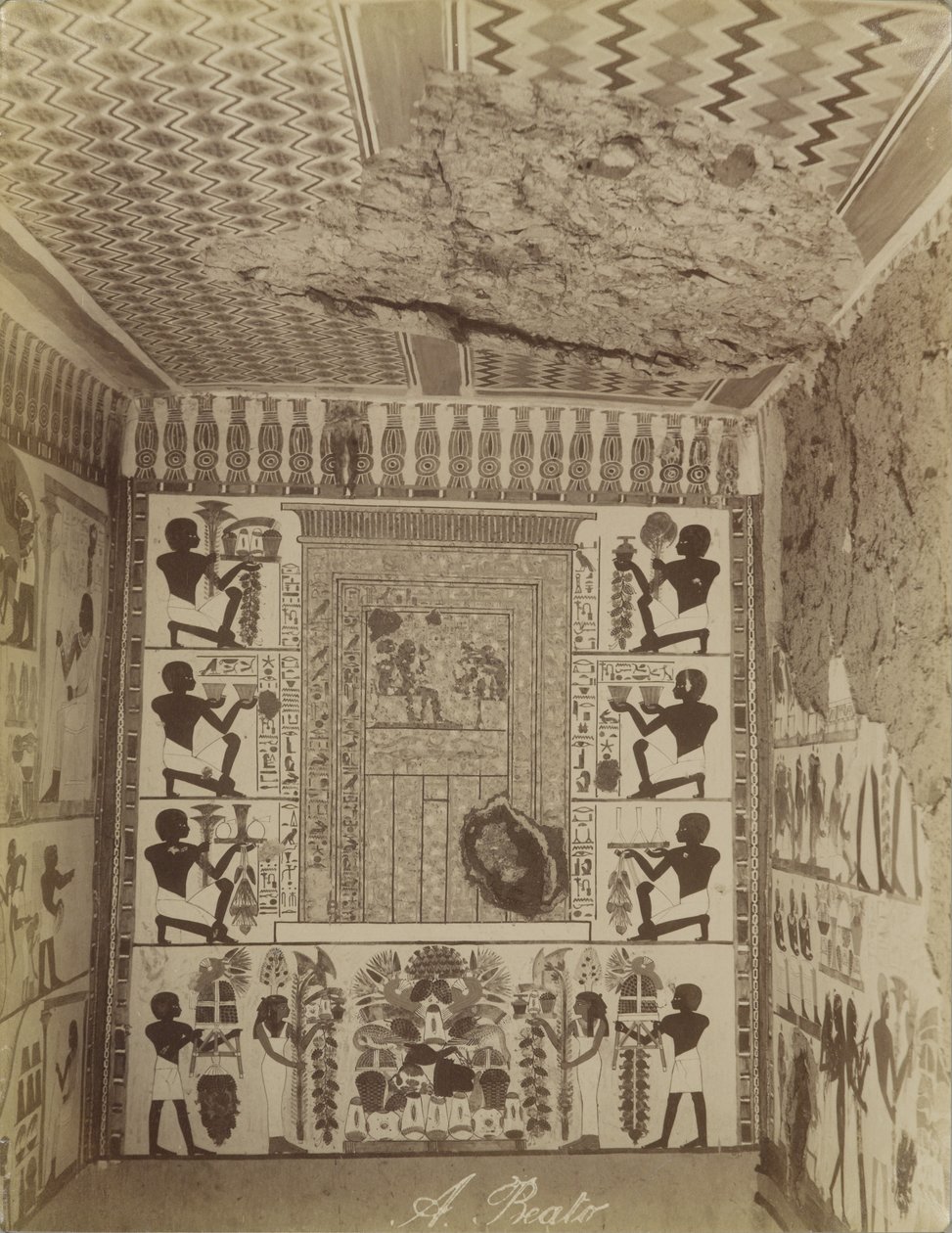 Tomba di Nakht a Tebe, vista del muro dipinto e del soffitto della tomba da Antonio Beato