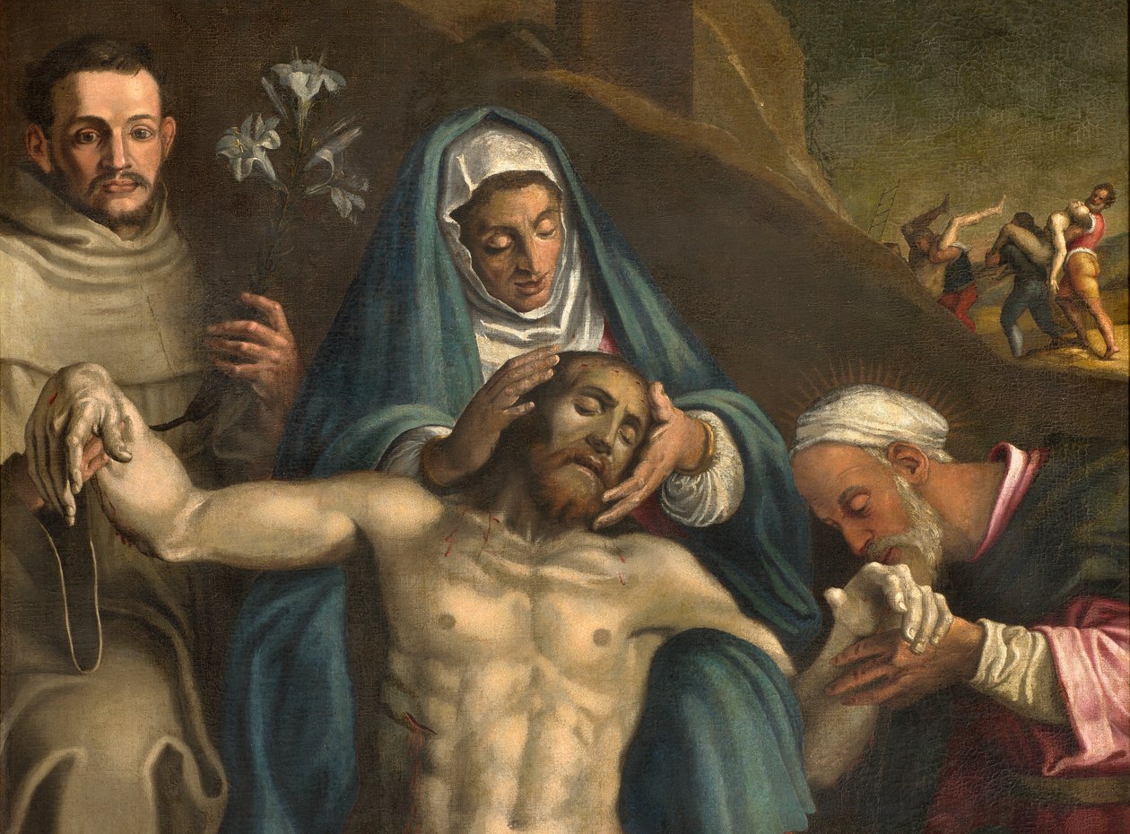 Transetto nord, Altare della Deposizione, Deposizione di Cristo sostenuta dalla Vergine e dai Santi Raimondo e Antonio di Padova, Antonio Campi 1566, (dettaglio) da Antonio Campi