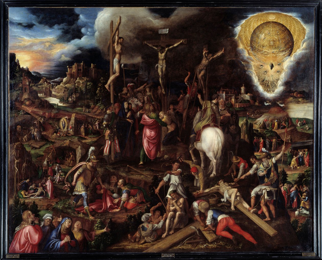 Scene della passione: preghiera nel giardino degli ulivi, tradimento di Giuda, arresto di Cristo, Cristo deriso, salita al Calvario, crocifissione, resurrezione... Dipinto di Antonio Campi (1526-1587) da Antonio Campi