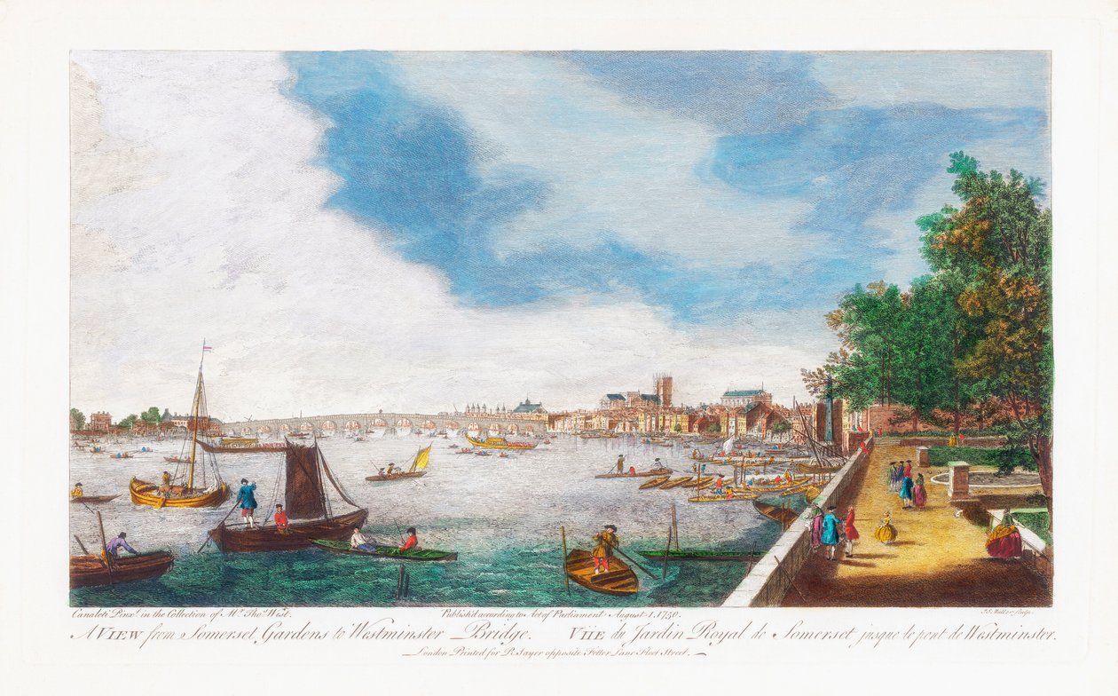 Una vista dai giardini del Somerset al ponte di Westminster, inciso da John Miller, 1750 da Giovanni Antonio Canal