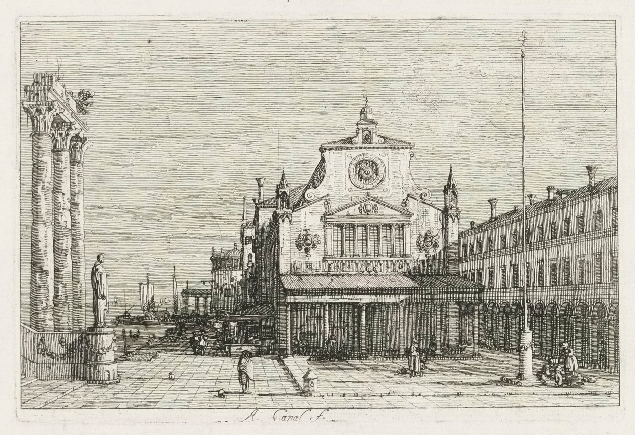 Vedute: Tre colonne e una statua sulla costa del mare, 1735-1746 da Giovanni Antonio Canal