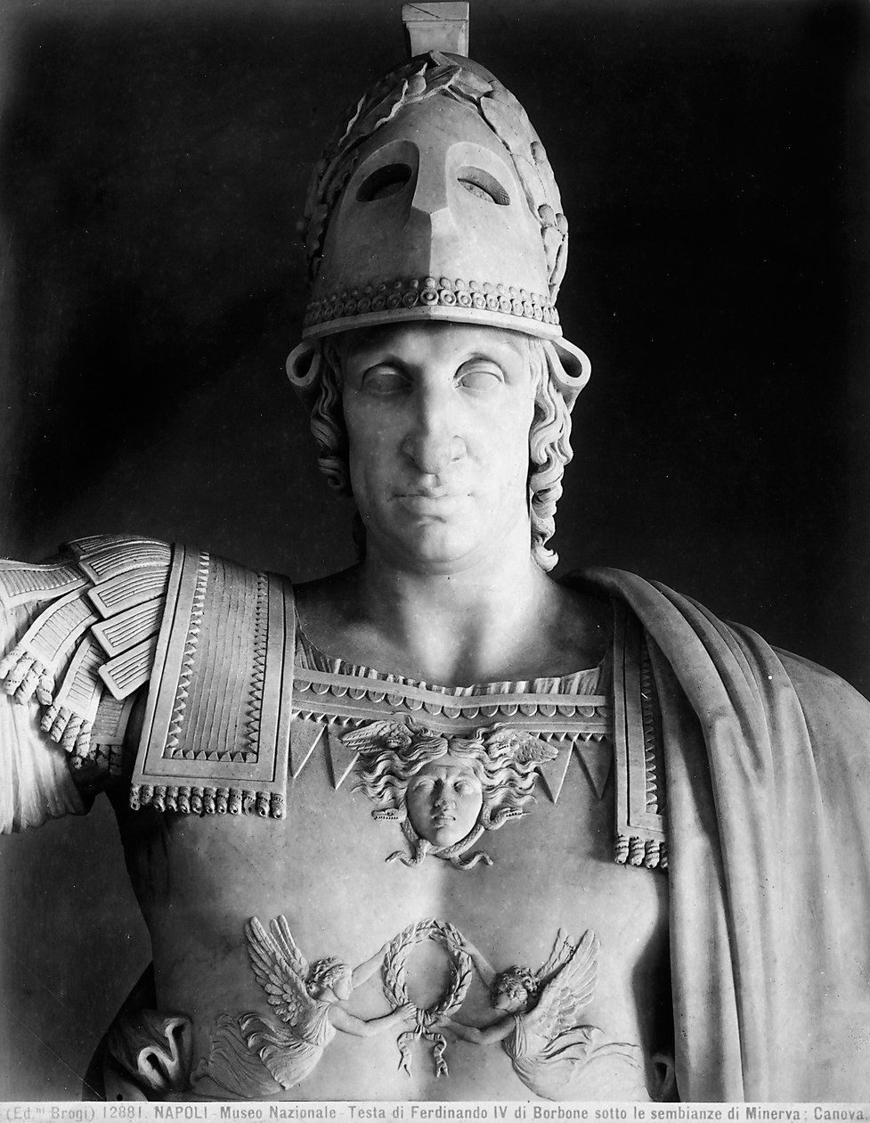 (dettaglio) della statua di Ferdinando IV di Borbone in abiti di Minerva da Antonio Canova